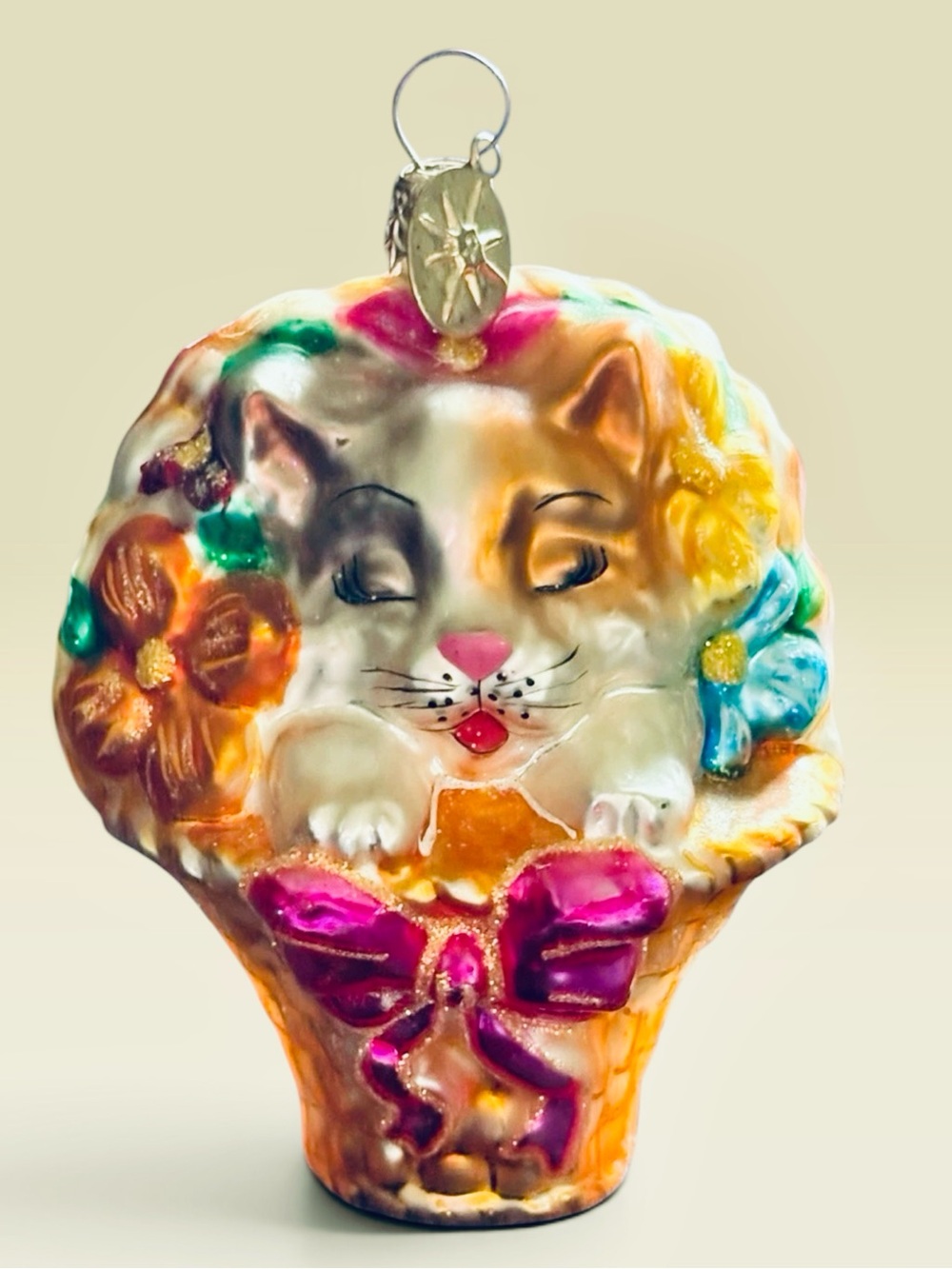 Vintage Christopher Radko Blown Glass Cat in Basket Christmas Ornament 2002
